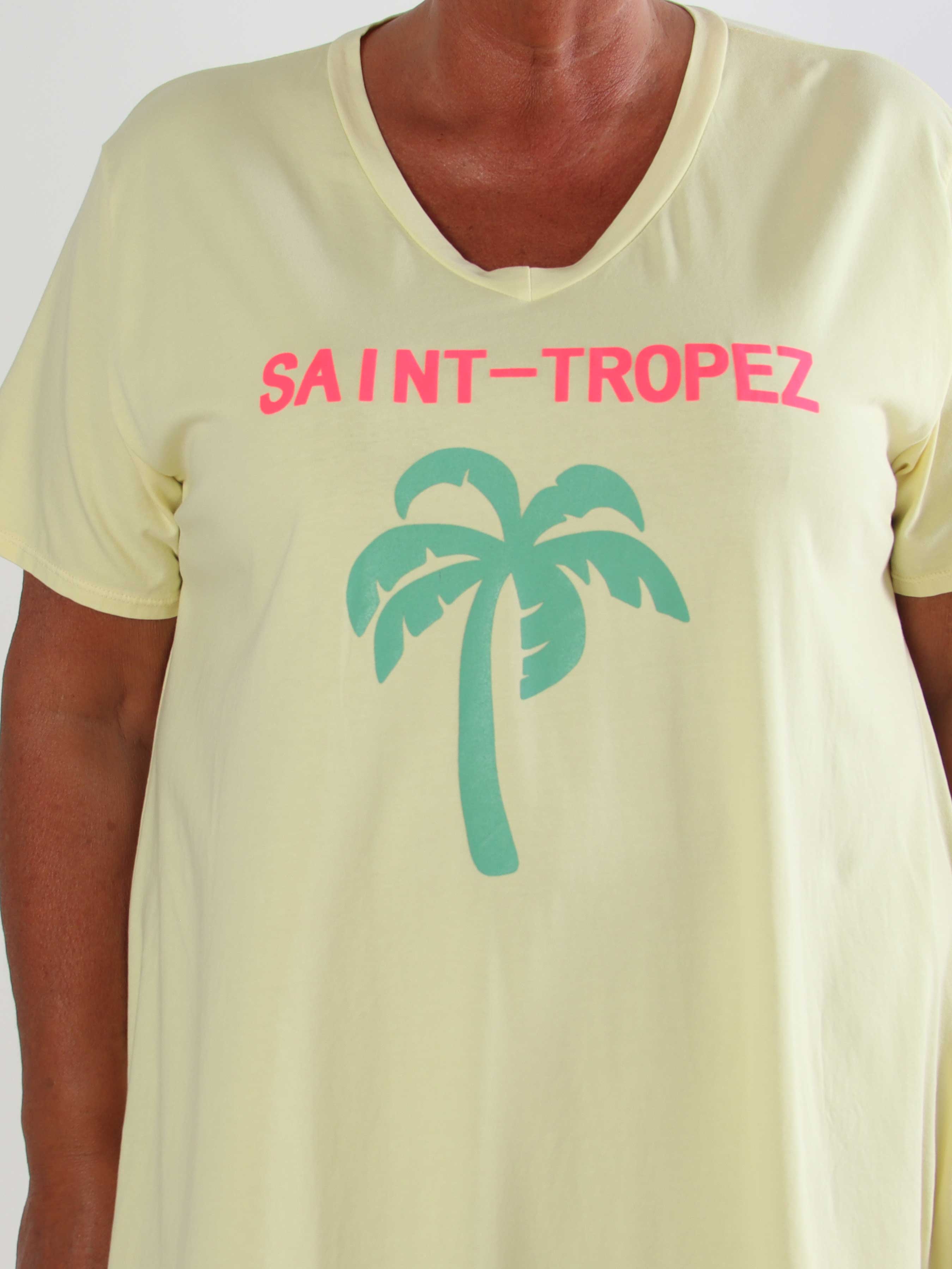 Janina - Blød plus size t-shirtkjole i bomuld med palme på maven